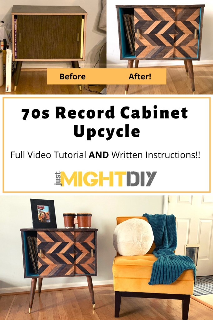 Turn a 70s Record Cabinet into a modern piece that you won't stop staring at! Easy DIY with wood veneer and stain from Just Might DIY.